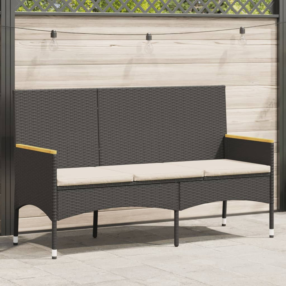 vidaXL 3-Seater Garden Bench with Cushions Black Poly Rattan