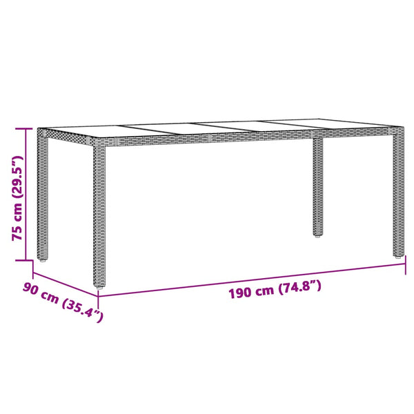 vidaXL Garden Table with Glass Top Grey 190x90x75 cm Poly Rattan
