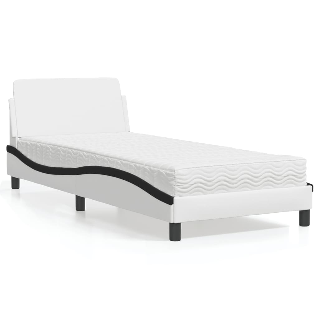 vidaXL Bed with Mattress "Dover" White and Black 90x190 cm Faux Leather