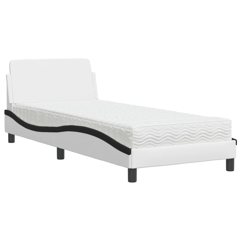 vidaXL Bed with Mattress "Dover" White and Black 90x200 cm Faux Leather