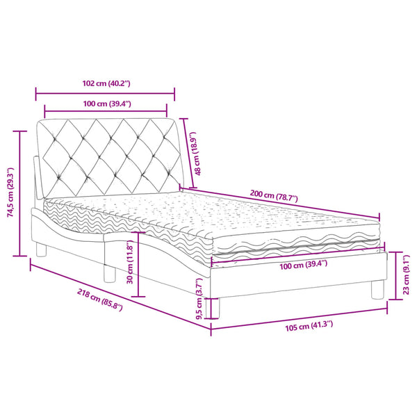 Bett mit Matratze Hellgrau 100x200 cm Samt