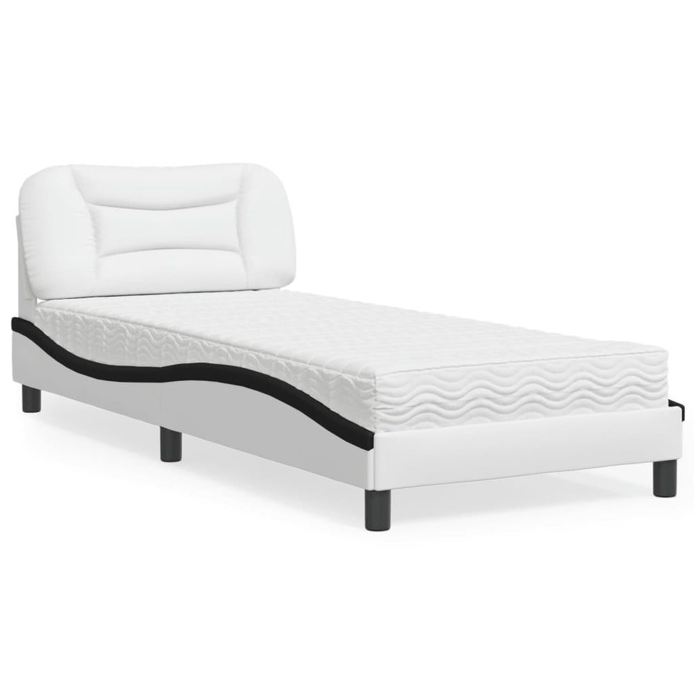 vidaXL Bed with Mattress "Hvar" White and Black 90x190 cm Faux Leather
