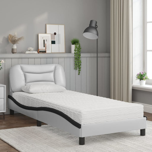 vidaXL Bed with Mattress "Hvar" White and Black 90x200 cm Faux Leather