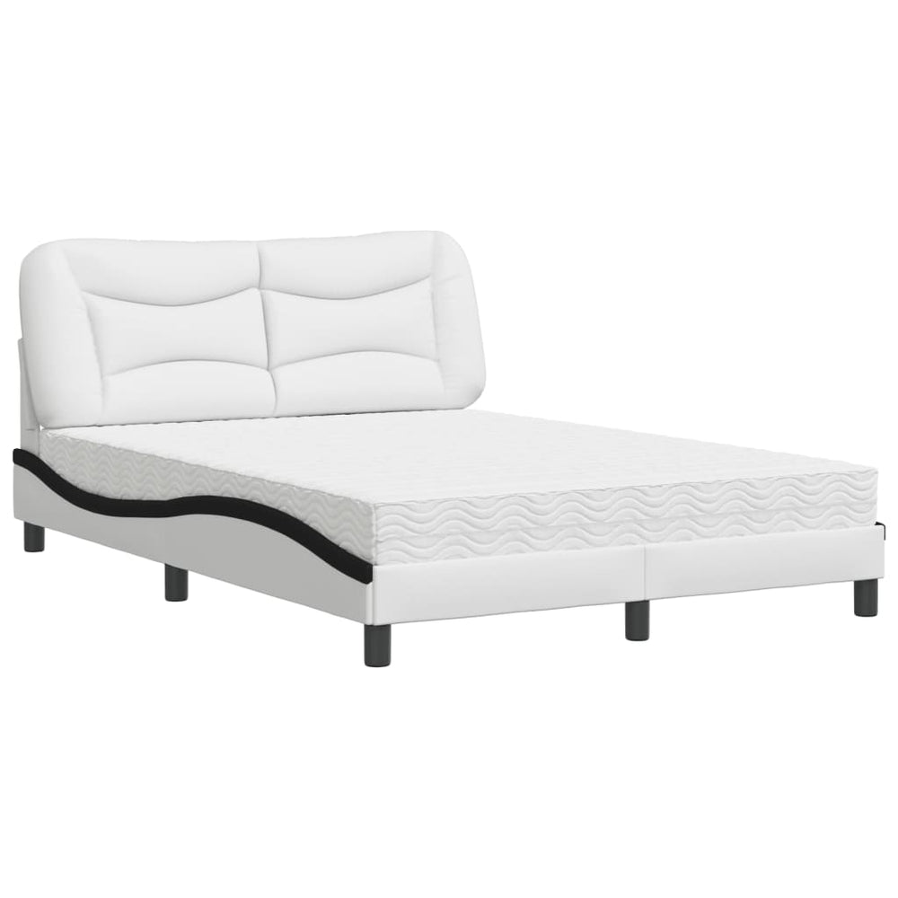 vidaXL Bed with Mattress "Hvar" White and Black 140x200 cm Artificial Leather