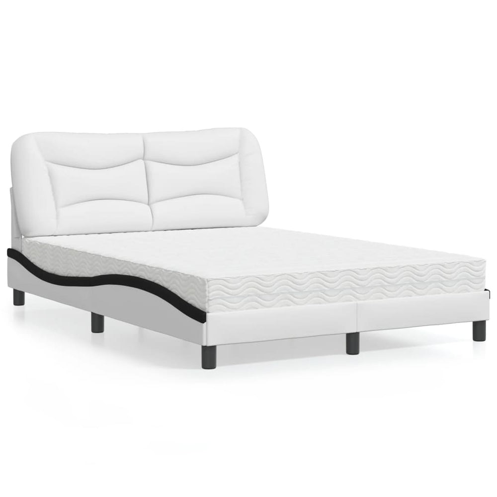 vidaXL Bed with Mattress "Hvar" White and Black 140x200 cm Artificial Leather