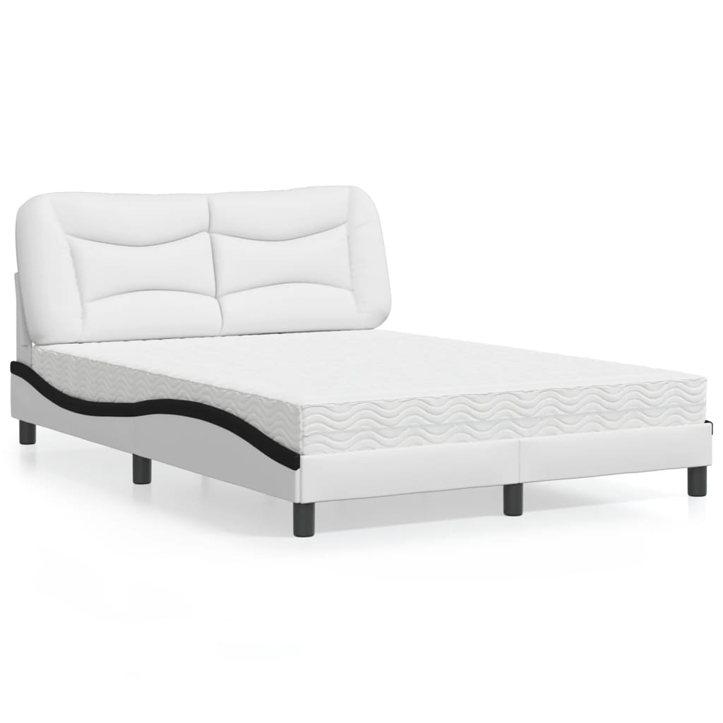 vidaXL Bed with Mattress "Hvar" White and Black 140x200 cm Artificial Leather