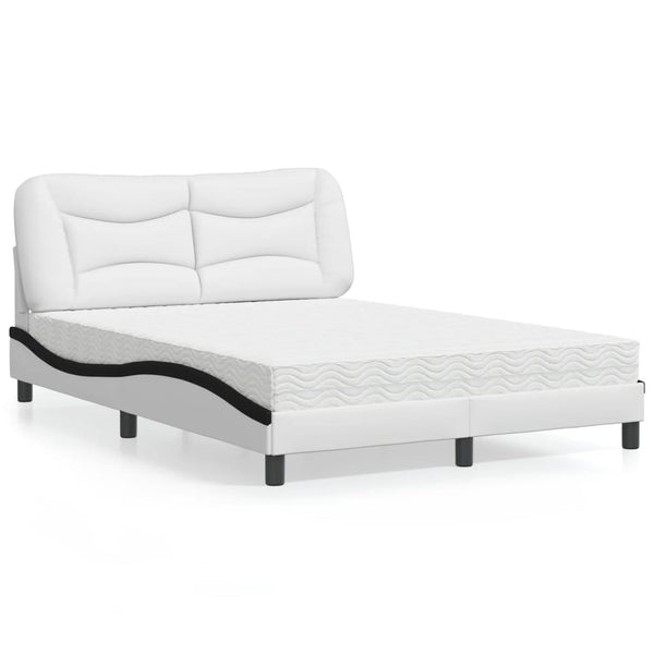 vidaXL Bed with Mattress "Hvar" White and Black 140x200 cm Artificial Leather