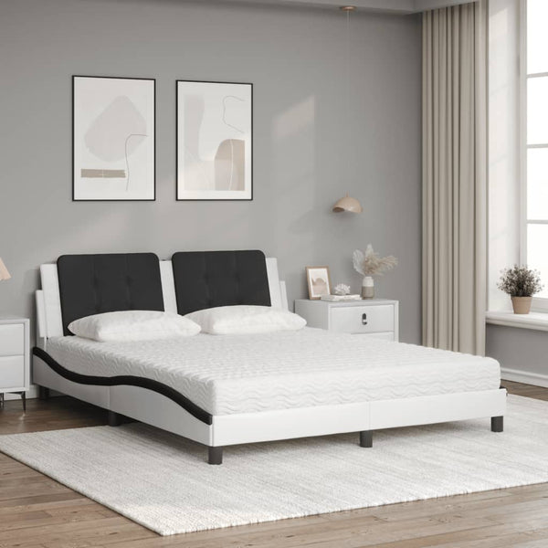vidaXL Bed with Mattress "Zadar" White and Black 160x200 cm Faux Leather