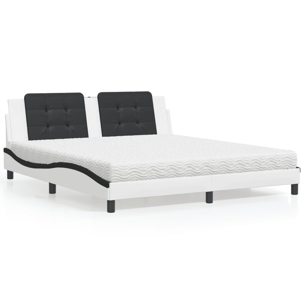 vidaXL Bed with Mattress "Zadar" White and Black 180x200 cm Faux Leather