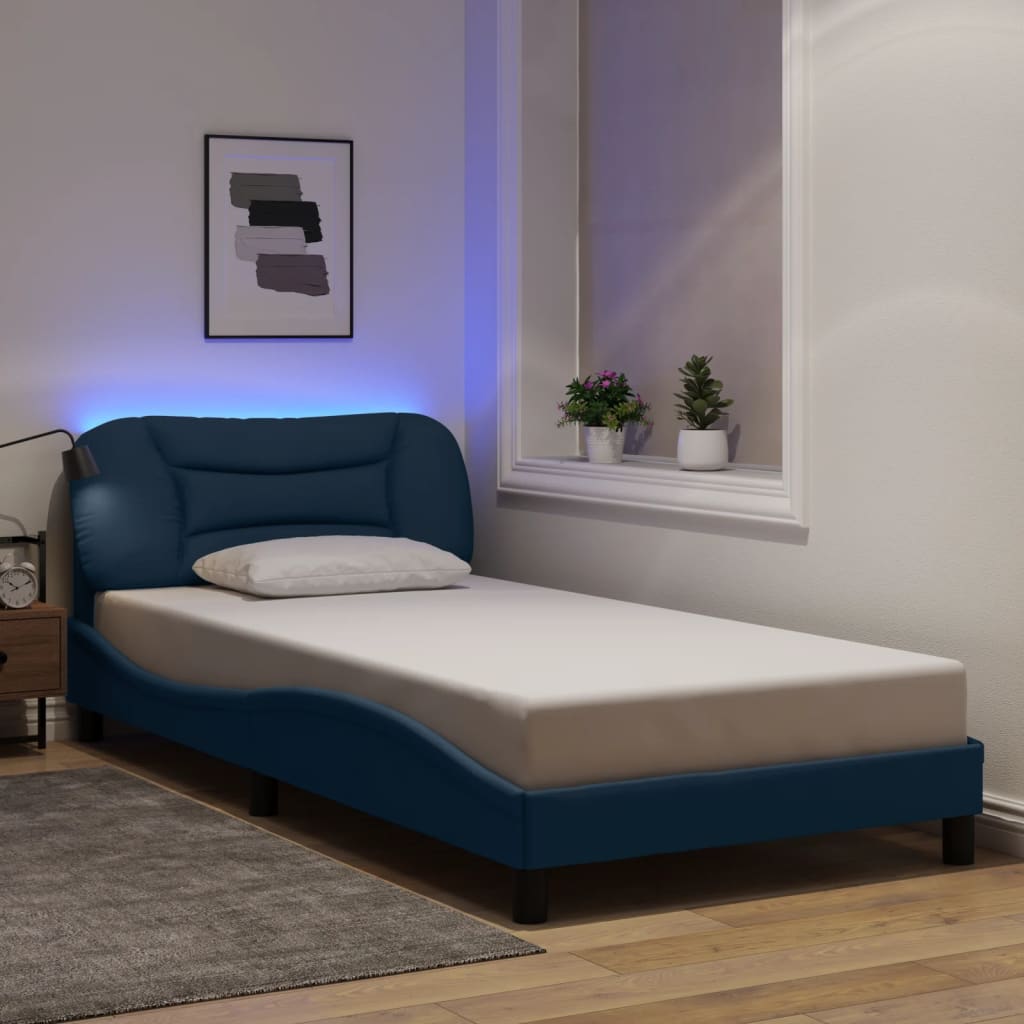 vidaXL LED Bed Frame without Mattress "Hvar" Blue 100x200 cm Fabric
