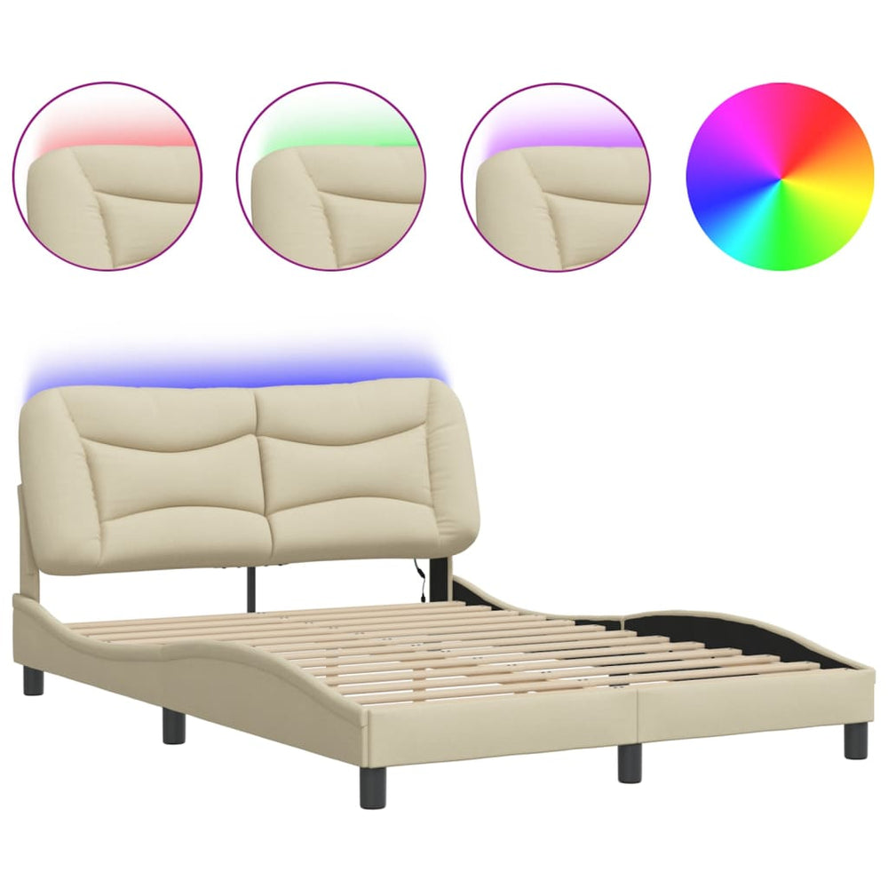 vidaXL LED Bed Frame without Mattress "Hvar" Cream 140x190 cm Fabric