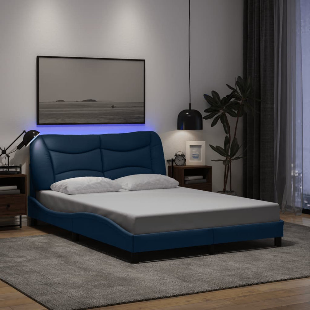 vidaXL LED Bed Frame without Mattress "Hvar" Blue 140x200 cm Fabric