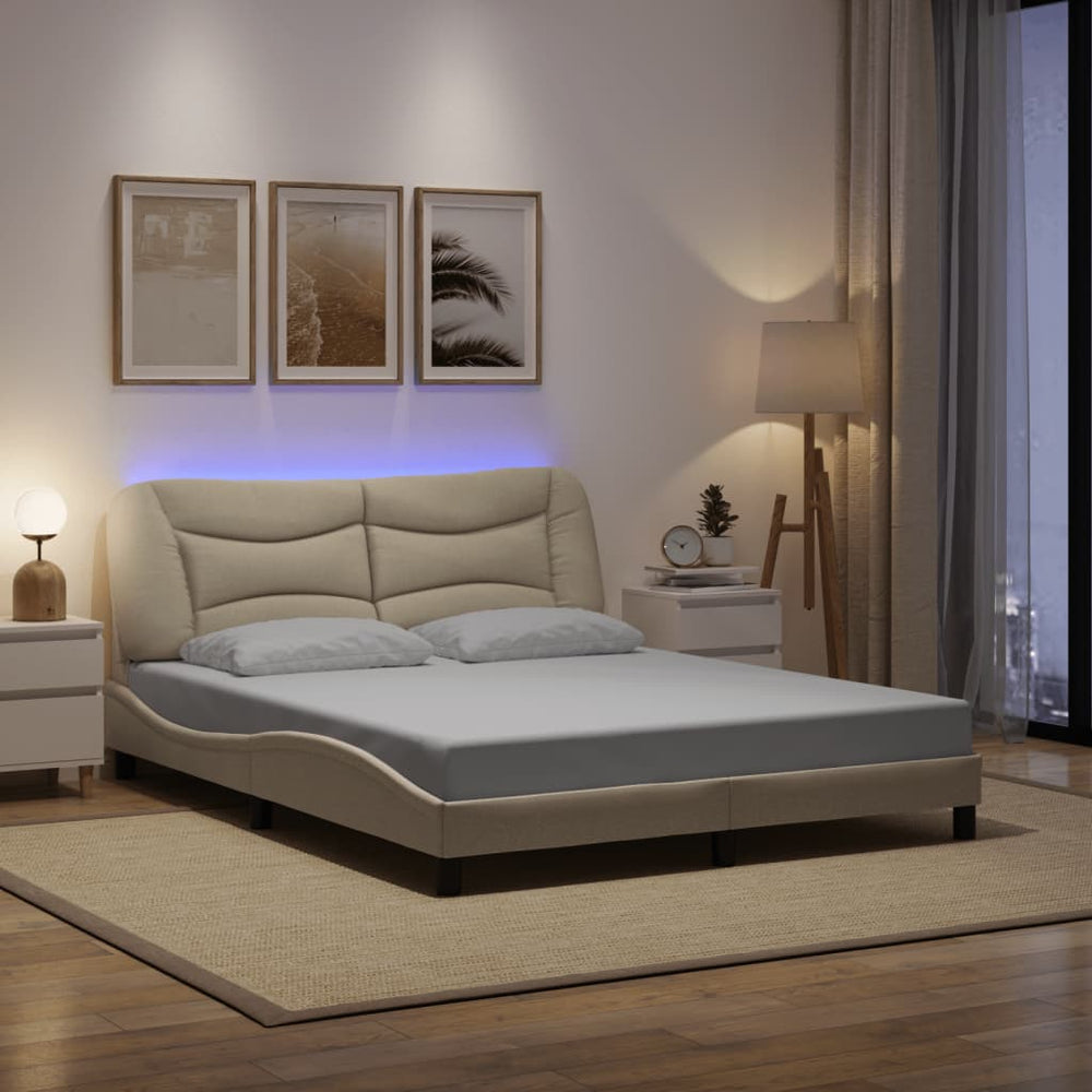 vidaXL LED Bed Frame without Mattress "Hvar" Cream 160x200 cm Fabric