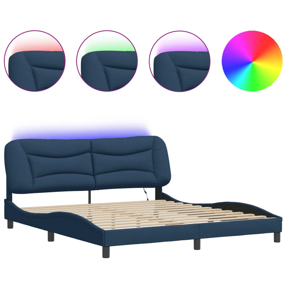 vidaXL LED Bed Frame without Mattress "Hvar" Blue 180x200 cm Fabric