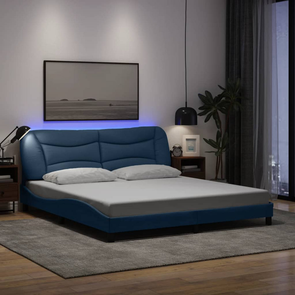 vidaXL LED Bed Frame without Mattress "Hvar" Blue 180x200 cm Fabric