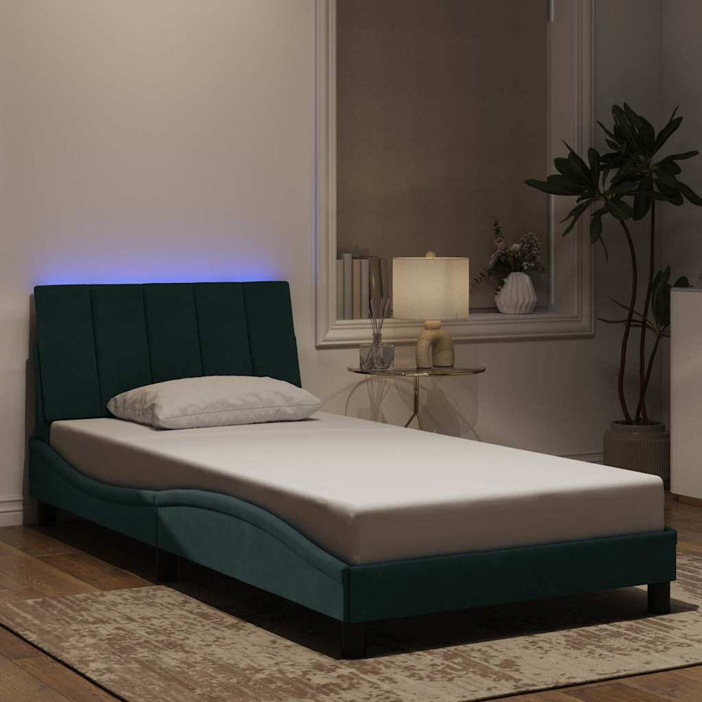 vidaXL LED Bed Frame without Mattress "Hanko" Dark Green 100x200 cm Velvet