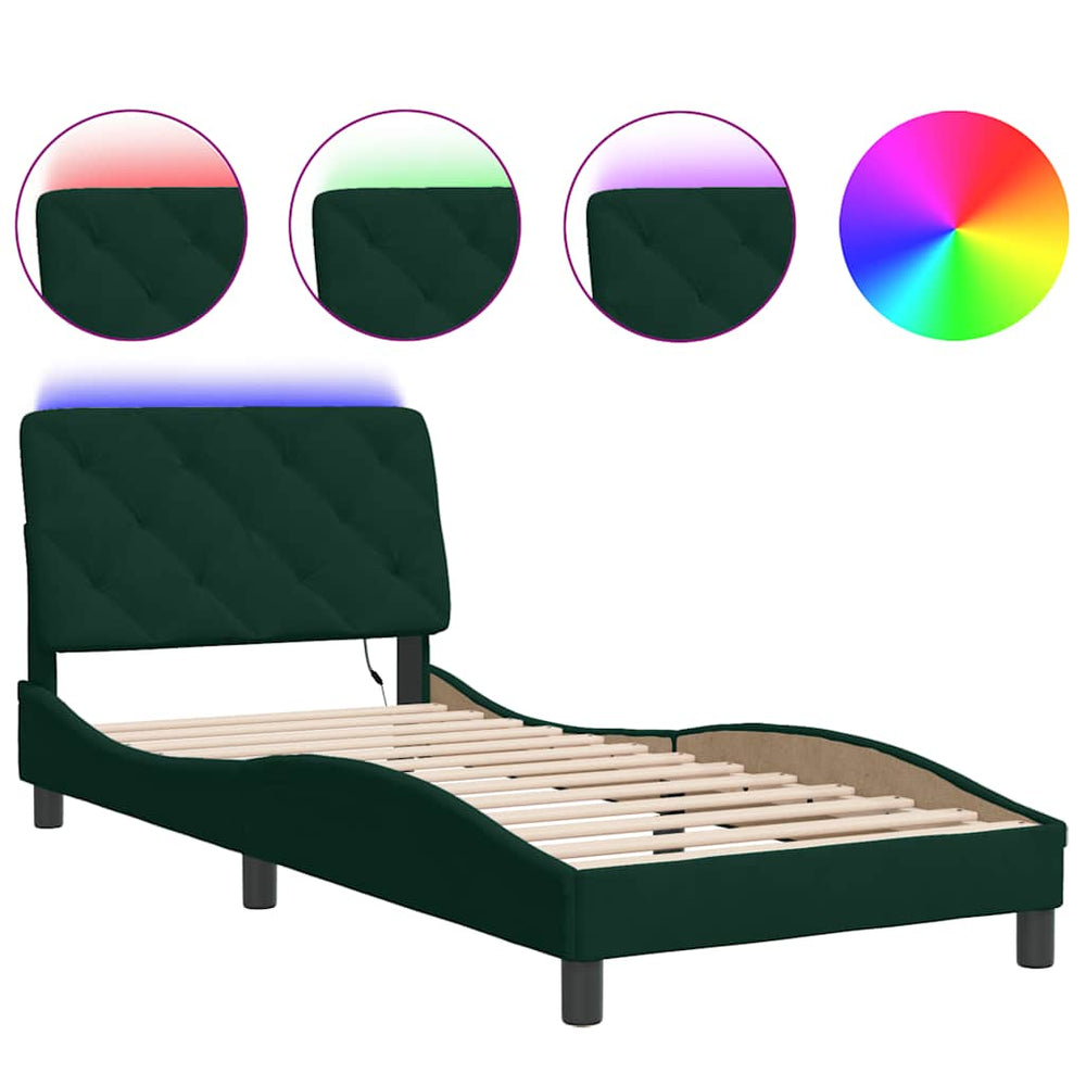 vidaXL LED Bed Frame without Mattress Dark Green 90x190 cm Velvet