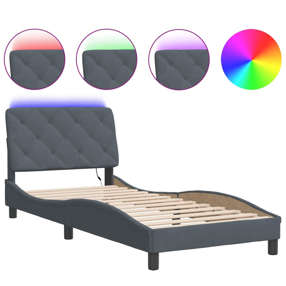 vidaXL LED Bed Frame without Mattress Dark Grey 90x200 cm Velvet