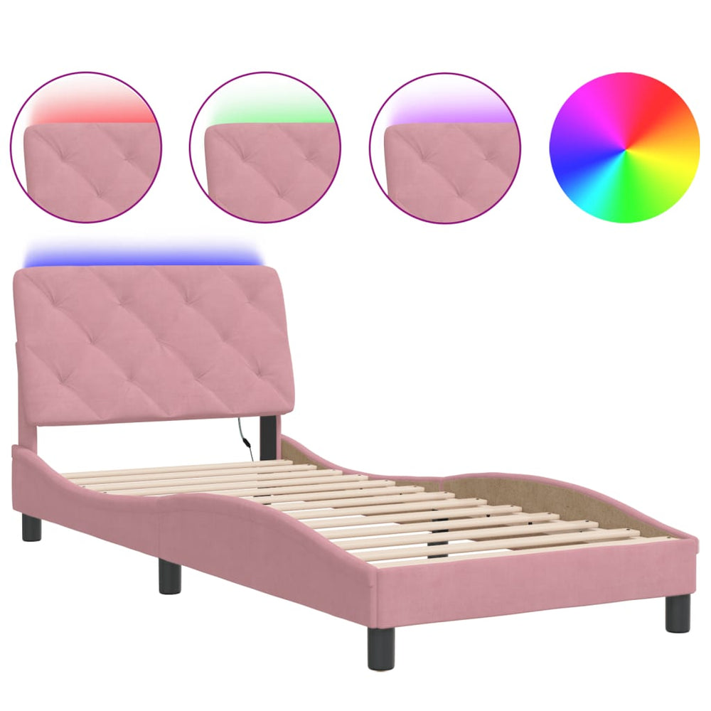 vidaXL LED Bed Frame without Mattress Pink 90x200 cm Velvet