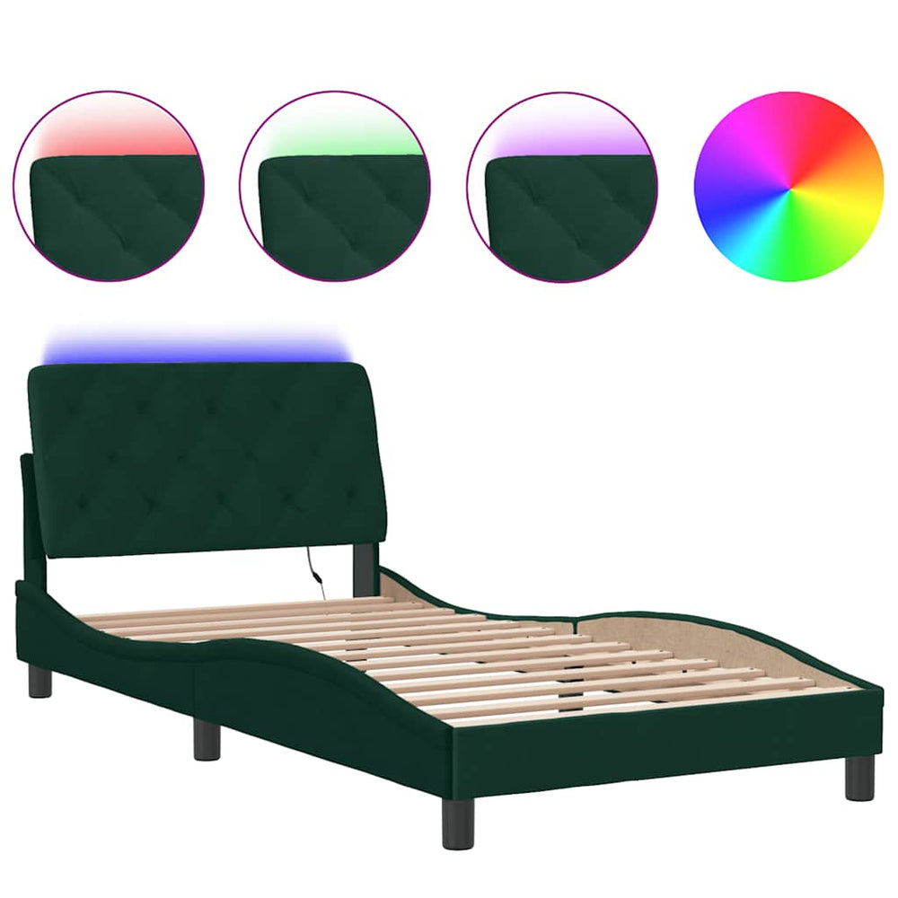 vidaXL LED Bed Frame without Mattress Dark Green 100x200 cm Velvet