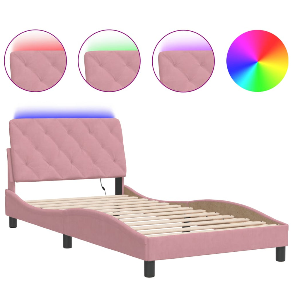 vidaXL LED Bed Frame without Mattress Pink 100x200 cm Velvet