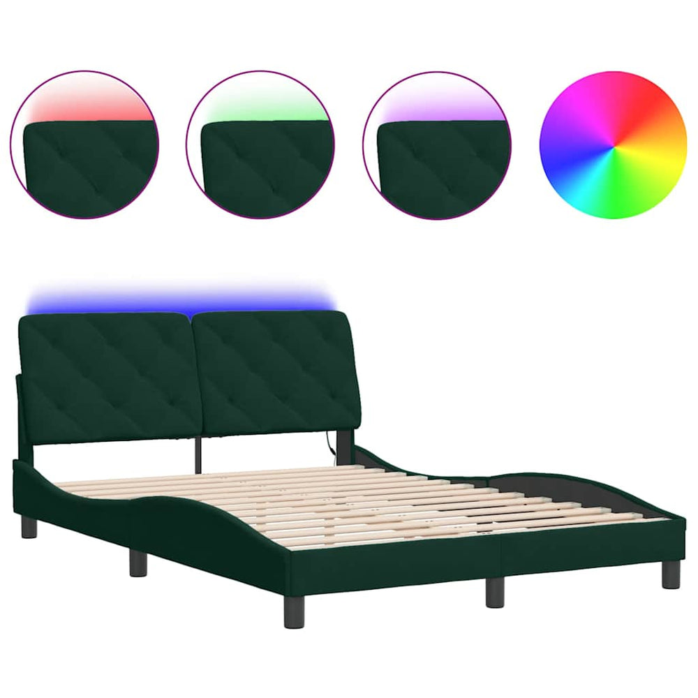 vidaXL LED Bed Frame without Mattress Dark Green 140x190 cm Velvet