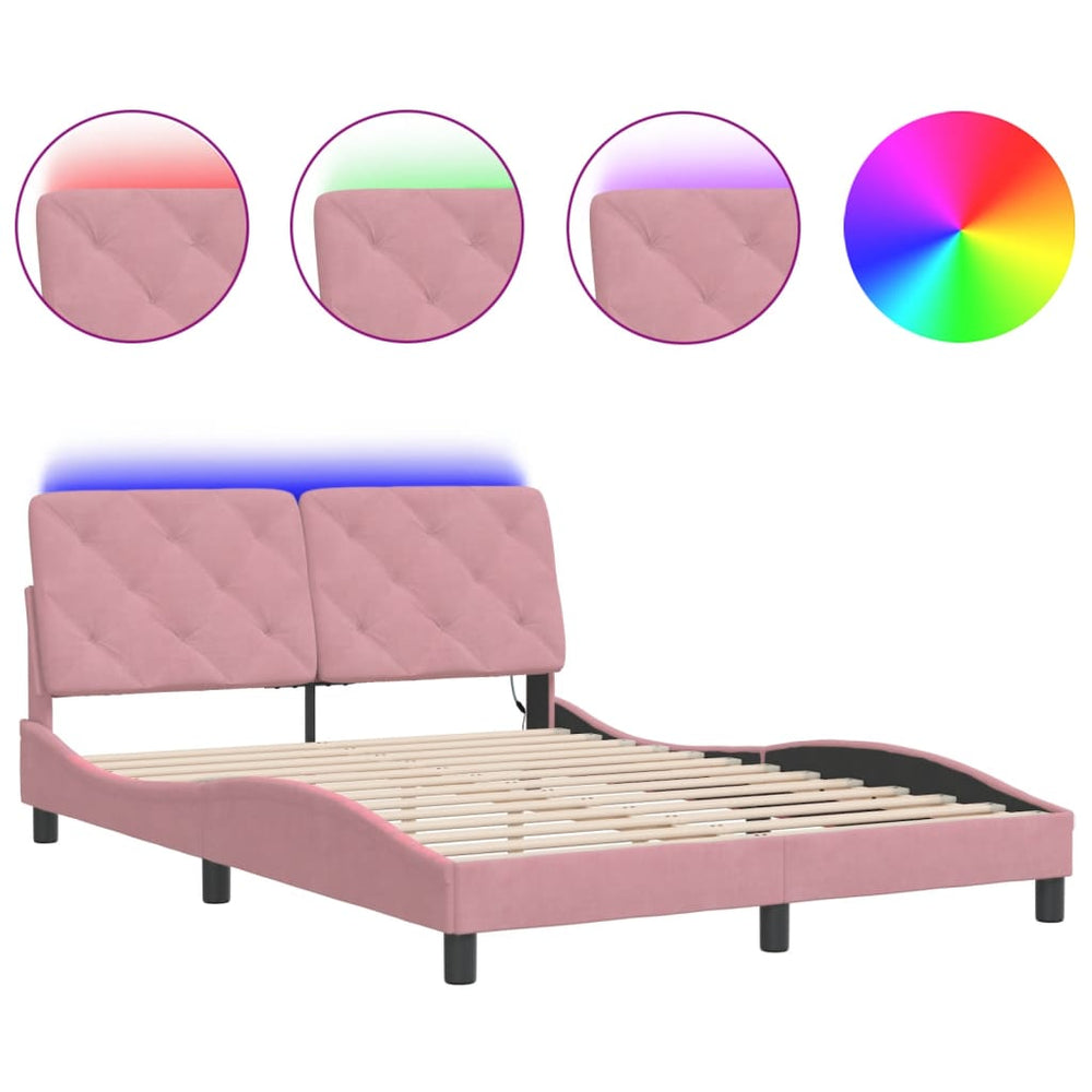 vidaXL LED Bed Frame without Mattress Pink 140x200 cm Velvet