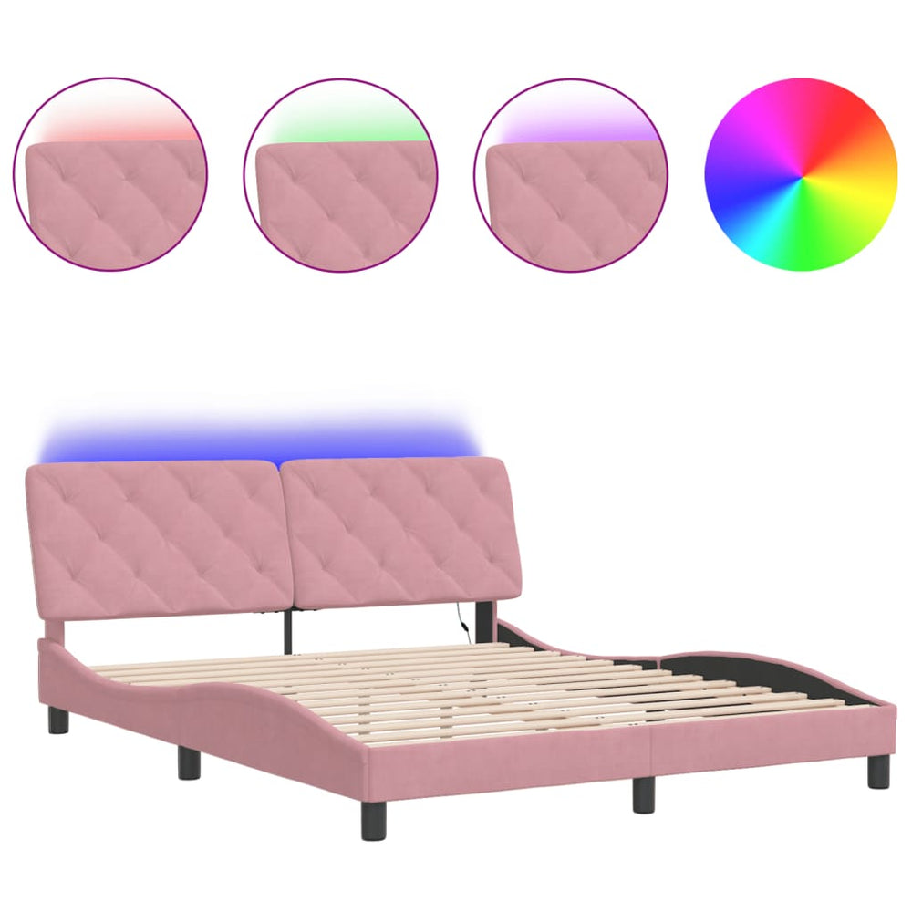 vidaXL LED Bed Frame without Mattress Pink 160x200 cm Velvet