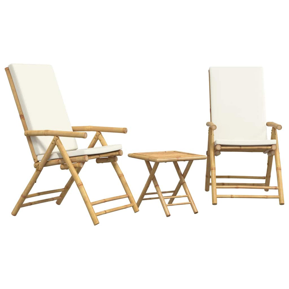 vidaXL 3-piece Foldable Bistro Set with Cream White Cushions Bamboo
