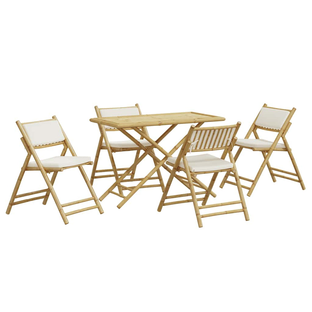 vidaXL 5-Piece Foldable Bistro Set with Cream White Cushions Bamboo