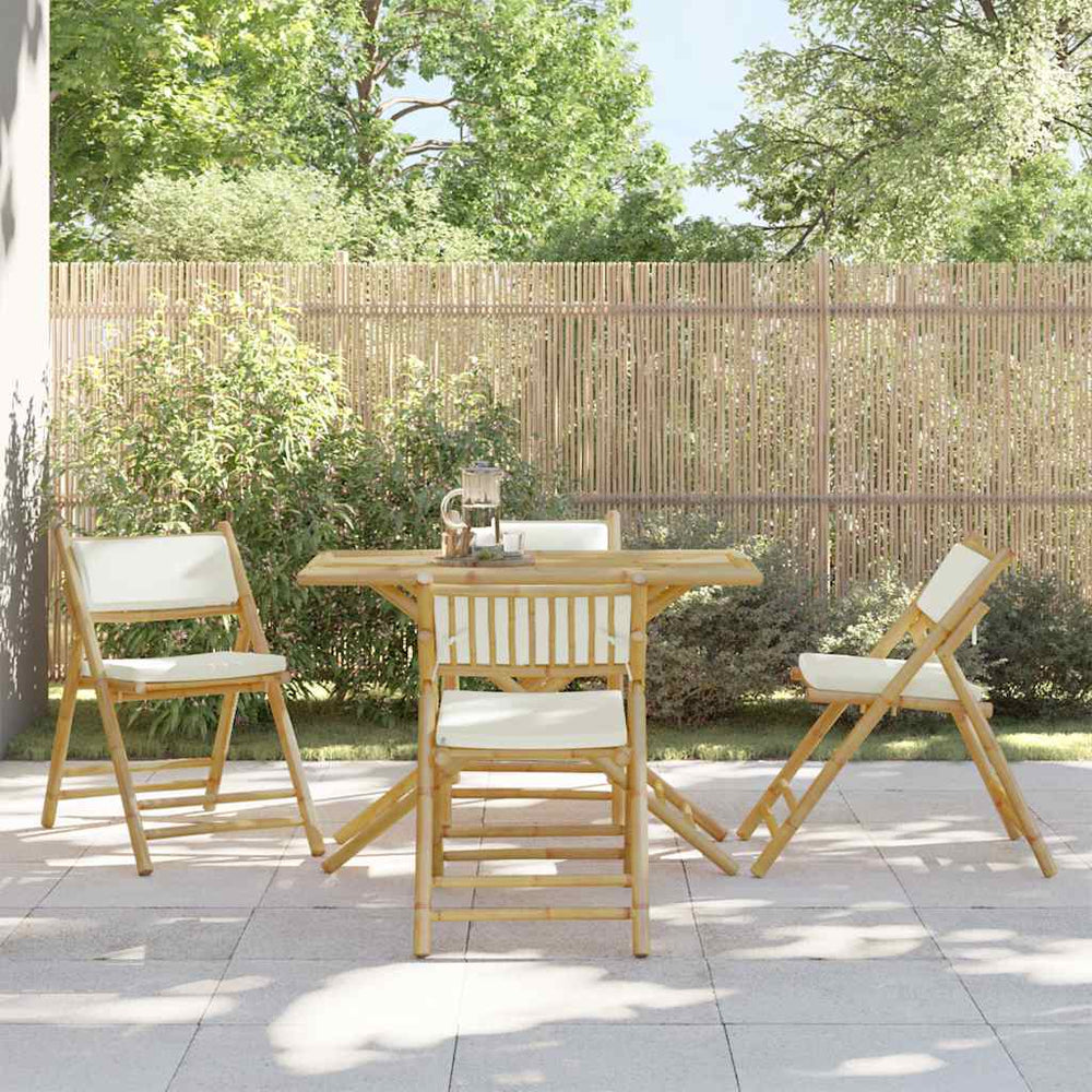 vidaXL 5-Piece Foldable Bistro Set with Cream White Cushions Bamboo