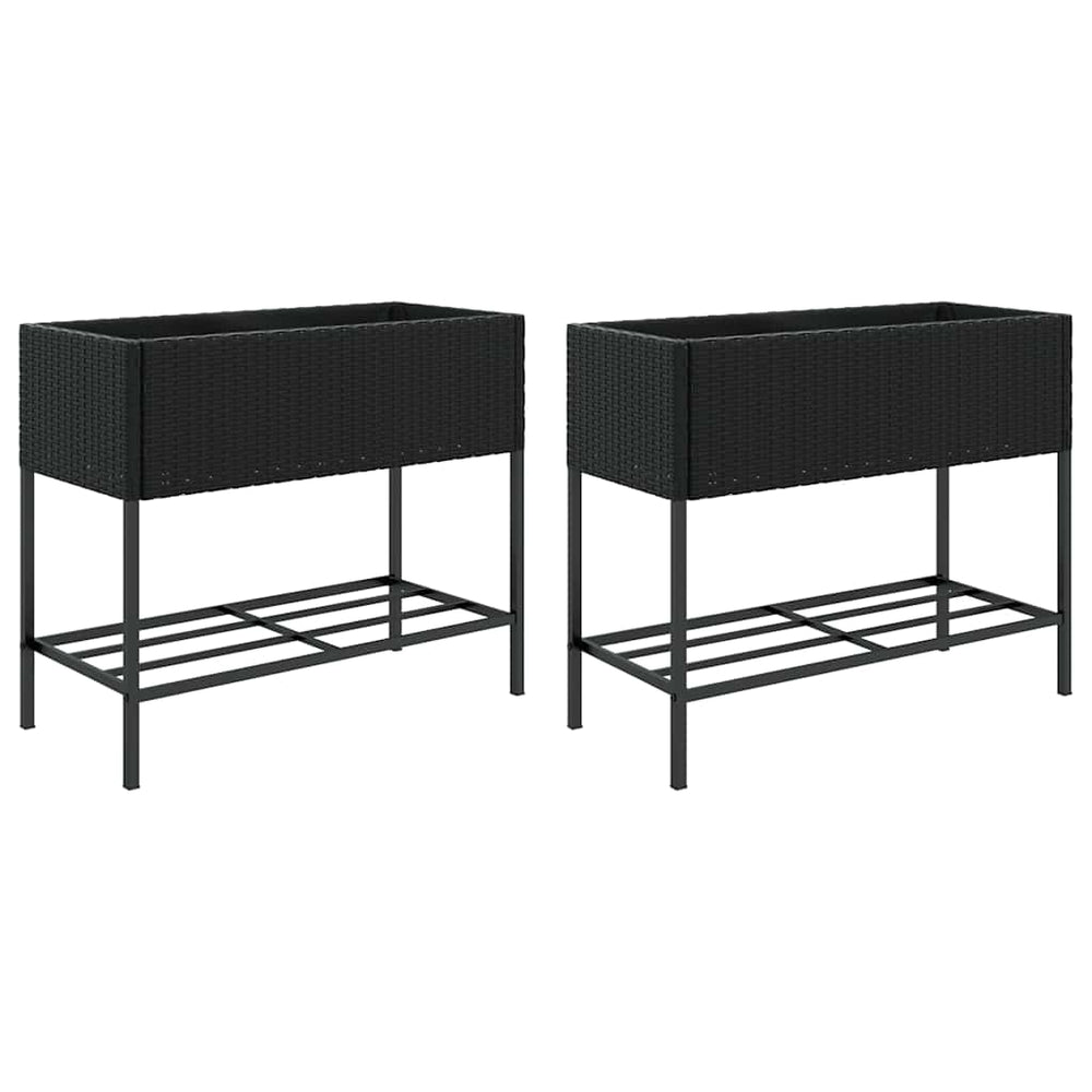 vidaXL Raised Garden Beds with Shelf 2 pcs Black 90x40x75 cm Poly Rattan