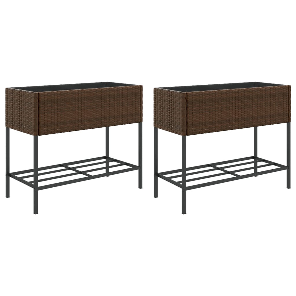 vidaXL Raised Garden Beds with Shelf 2 pcs Brown 90x40x75 cm Poly Rattan