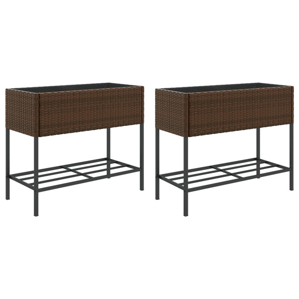 vidaXL Raised Garden Beds with Shelf 2 pcs Brown 90x40x75 cm Poly Rattan