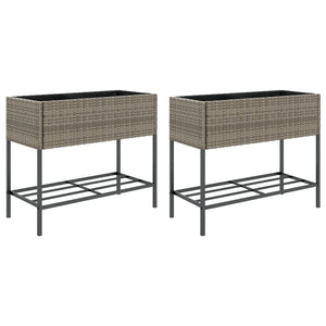 vidaXL Raised Garden Beds with Shelf 2 pcs Grey 90x40x75 cm Poly Rattan