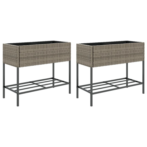 vidaXL Raised Garden Beds with Shelf 2 pcs Grey 90x40x75 cm Poly Rattan