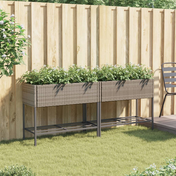 vidaXL Raised Garden Beds with Shelf 2 pcs Grey 90x40x75 cm Poly Rattan