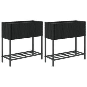 vidaXL Raised Garden Beds with Shelf 2 pcs Black 70x28x70 cm Poly Rattan