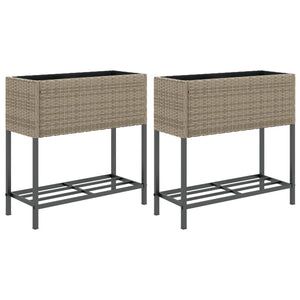 vidaXL Raised Garden Beds with Shelf 2 pcs Grey 70x28x70 cm Poly Rattan