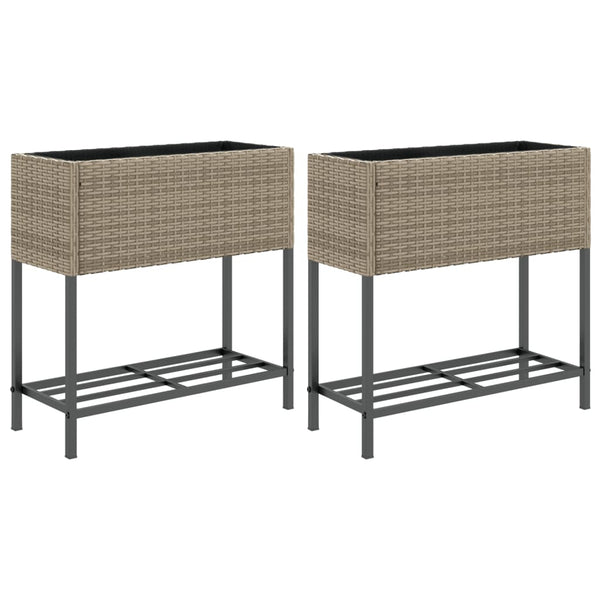 vidaXL Raised Garden Beds with Shelf 2 pcs Grey 70x28x70 cm Poly Rattan