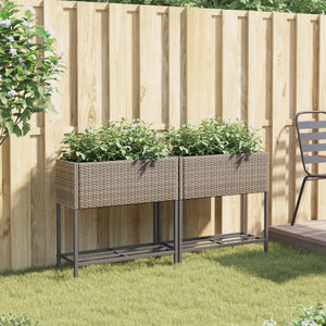 vidaXL Raised Garden Beds with Shelf 2 pcs Grey 70x28x70 cm Poly Rattan