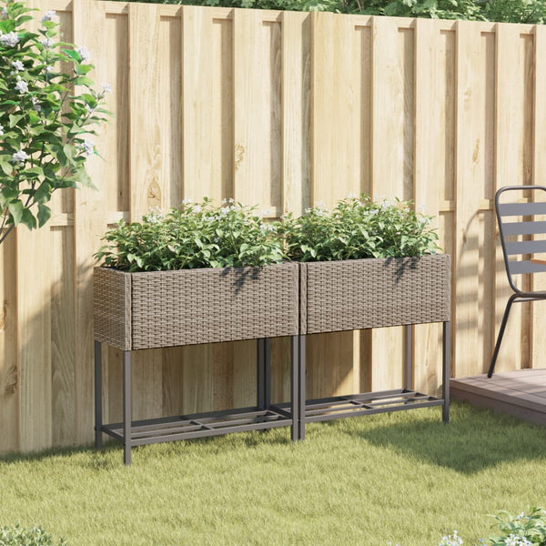 vidaXL Raised Garden Beds with Shelf 2 pcs Grey 70x28x70 cm Poly Rattan