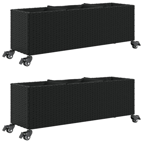 vidaXL Planters with Wheels 2 pcs Black 107x32x38 cm Poly Rattan