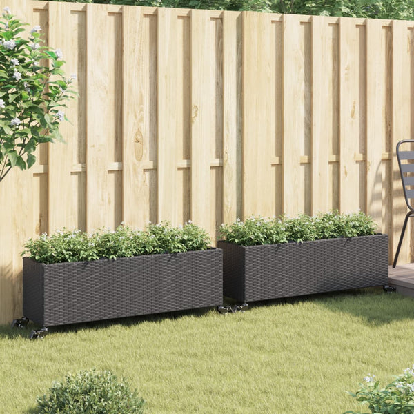 vidaXL Planters with Wheels 2 pcs Black 107x32x38 cm Poly Rattan