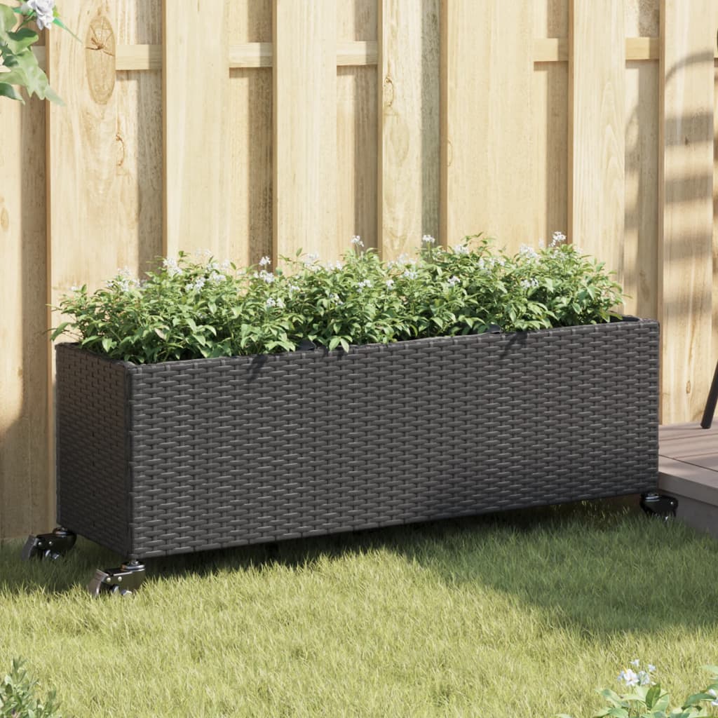 vidaXL Planters with Wheels 2 pcs Black 107x32x38 cm Poly Rattan
