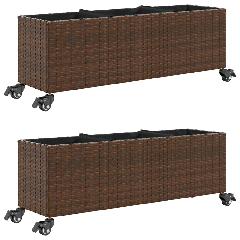 vidaXL Planter with Wheels 2 pcs Brown 107x32x38 cm Poly Rattan