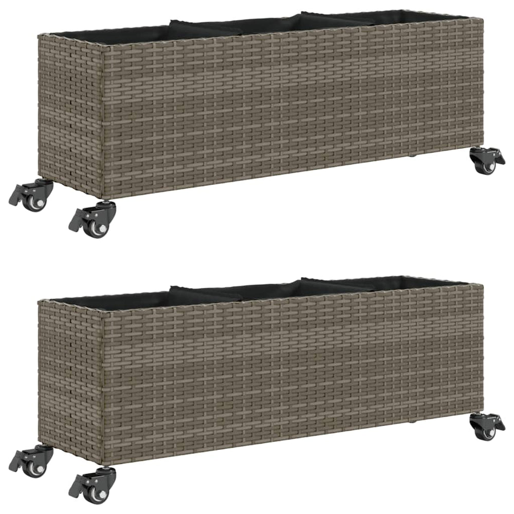 vidaXL Planters with Wheels 2 pcs Grey 107x32x38 cm Poly Rattan