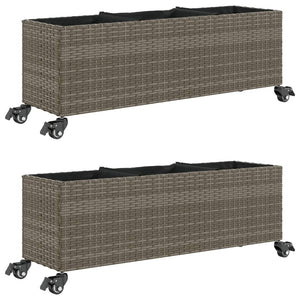 vidaXL Planters with Wheels 2 pcs Grey 107x32x38 cm Poly Rattan