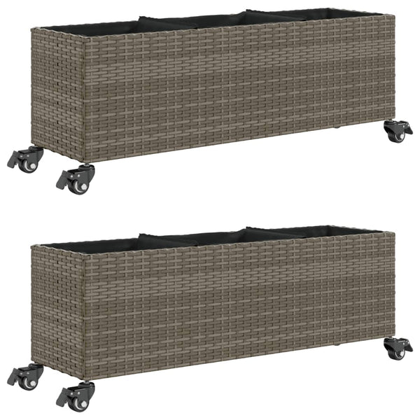 vidaXL Planters with Wheels 2 pcs Grey 107x32x38 cm Poly Rattan