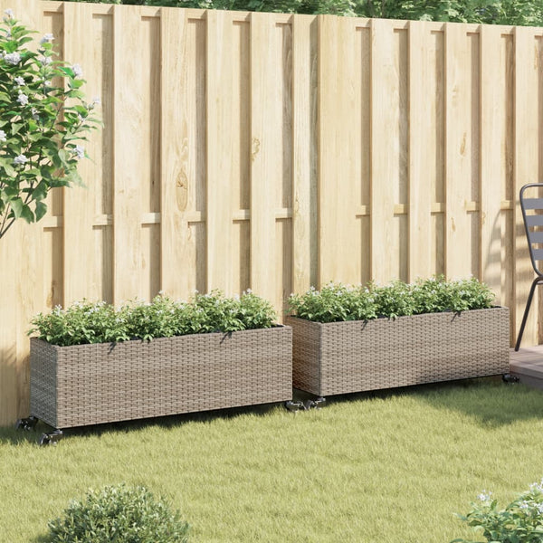 vidaXL Planters with Wheels 2 pcs Grey 107x32x38 cm Poly Rattan
